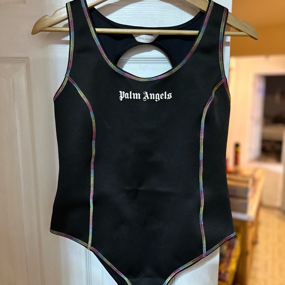 NO OFFERS  Palm Angels Black One Piece Swimsuit with Rainbow Trim